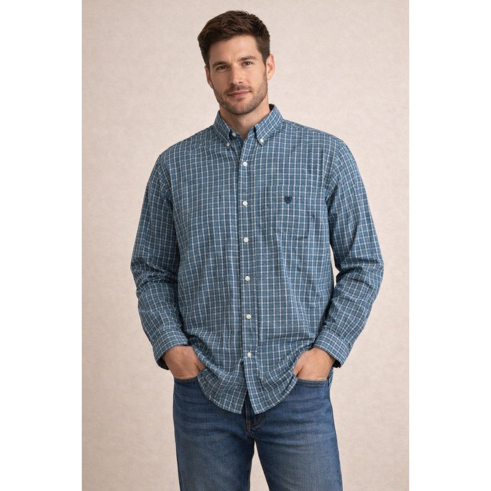 Chaps Mens XXL Teal Blue Plaid Long Sleeve Button Shirt granola gorpcore preppy‎